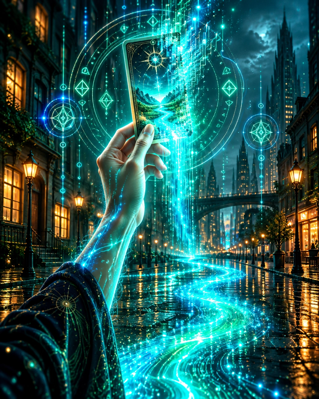A glowing hand raises a tarot card as electric aqua circuitry dissolves into a river of light on a rain-slick night street