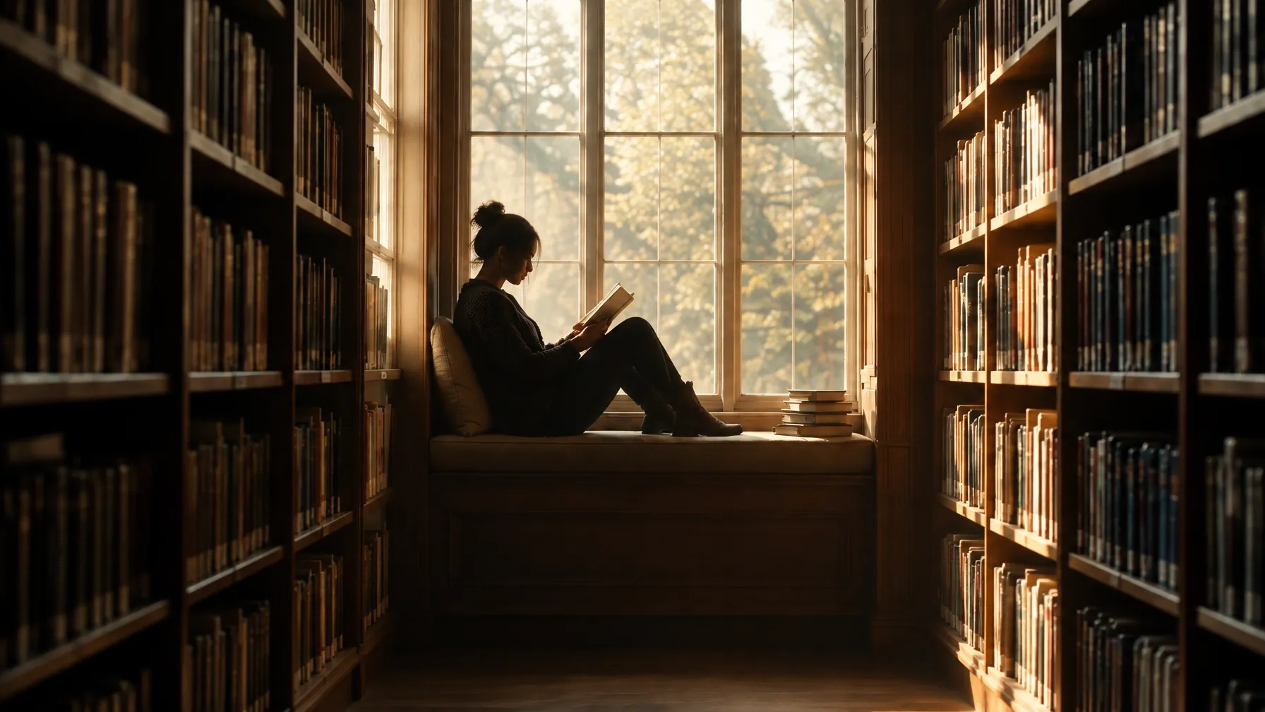 A reader silhouetted in a sunlit library alcove between tall shelves